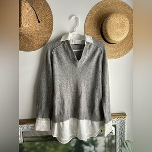 Elie Tahari cashmere and wool Gray V-Neck Sweater with White Layer Sz Large